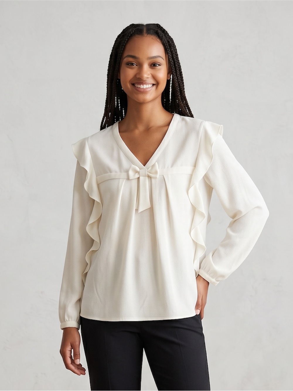 CeCe Ivory Ruffle Sleeve Blouse XL Bow Front V-Neck Textured Long Sleeve Top
